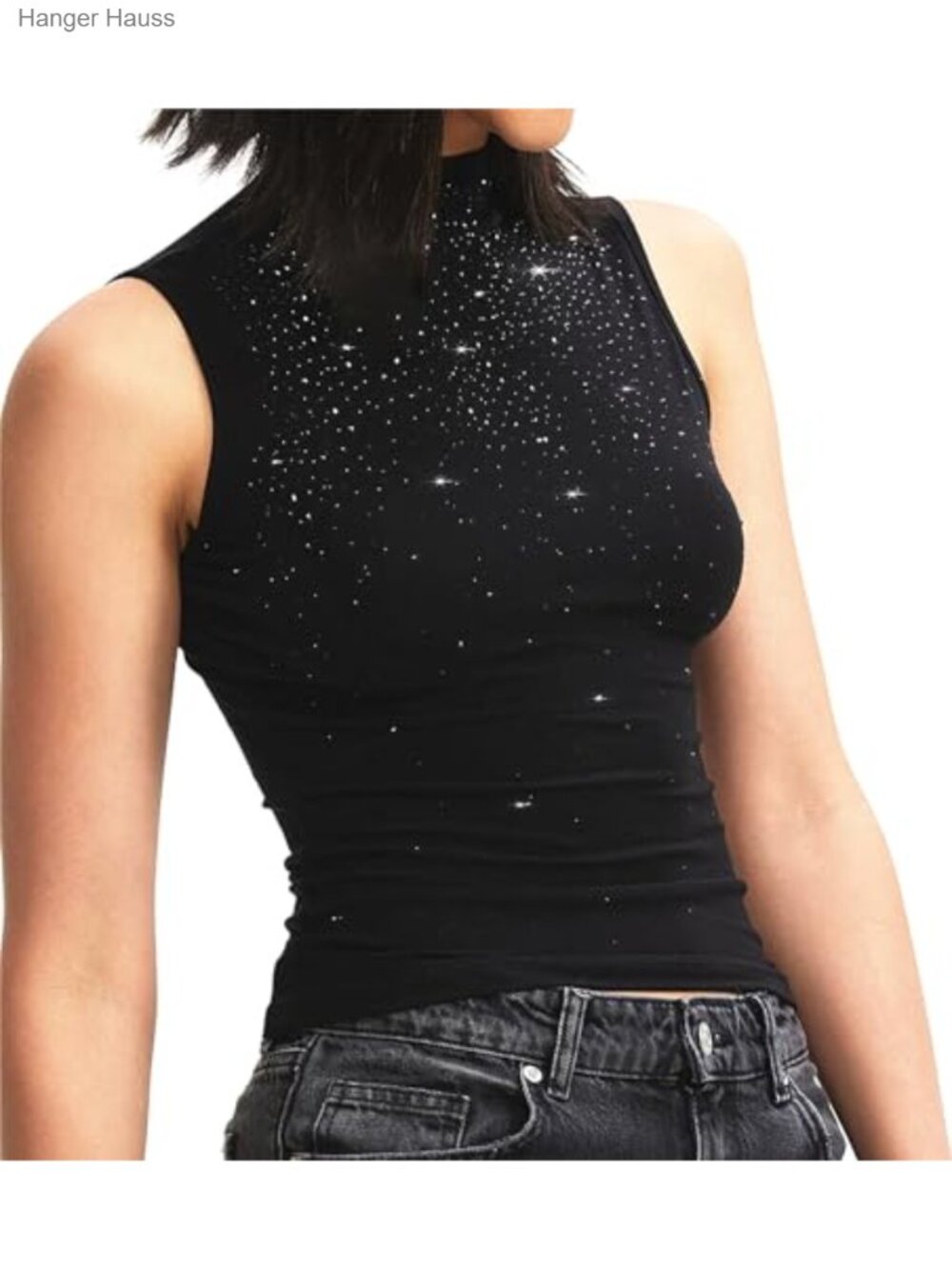 Sleeveless Mock Neck Crop Top Slim Fit Sparkle Bling Tank Layering Tee